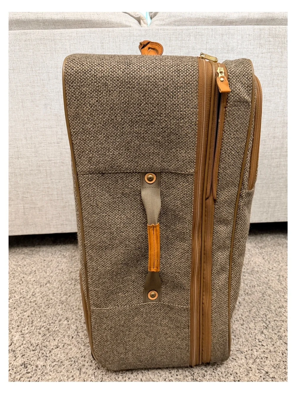 Hartmann Vintage Expandable Tweed Large Check Roller Bag with Tan Leather Trim